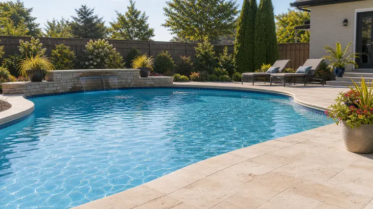 Clean backyard swimming pool with clear blue water